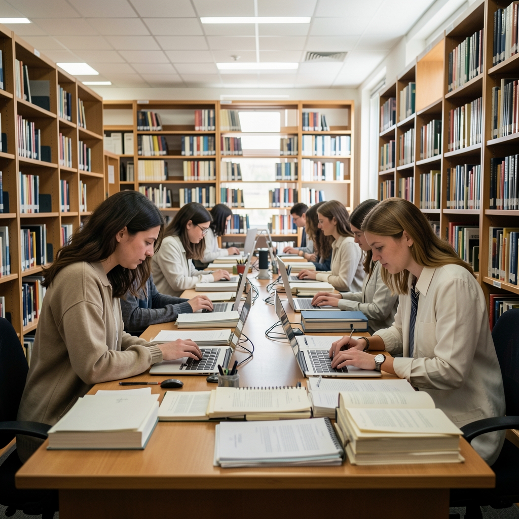 大学図書館のリサーチセンターで研究者がデジタルアーカイブと紙の資料を並行して調査している様子